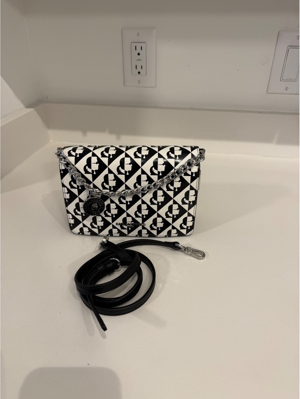 Karl Lagerfeld Paris Black & White Monogram Crossbody Bag - Picture 6 of 6